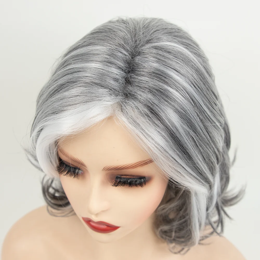 Perruques Bob Synthétiques Courtes et Ondulées pour Femme, Postiche Gris 03, Ombre Naturelle, Argent, Bouclées, ixde Cosplay de Grand-Mère