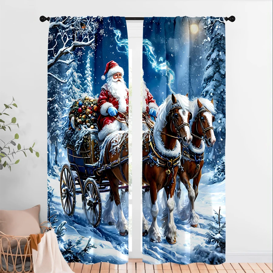 2PCS Christmas Winter Curtains, Santa Claus Carriage, Digital Print, Bedroom Living Room, Rod Pocket Polyester, Home Decor