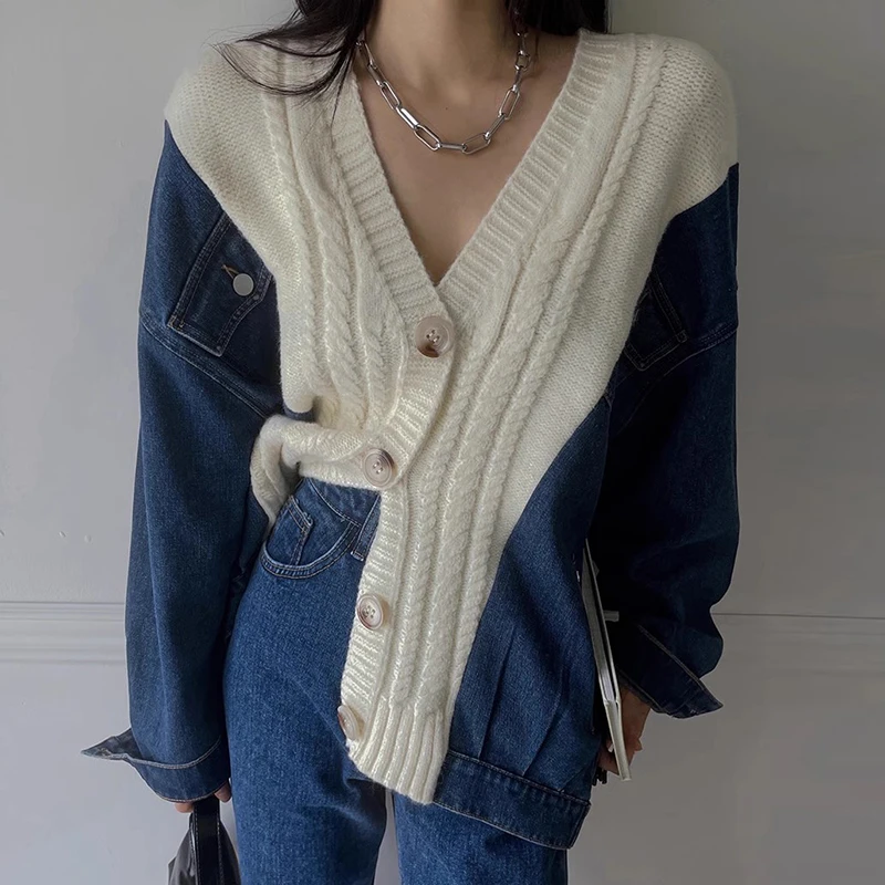 

Chic Autumn Winter Women's Knitted Long Sve V-Ne Color Blo Denim Design Sense Twist Outerwear Casual Loose Fit Sle