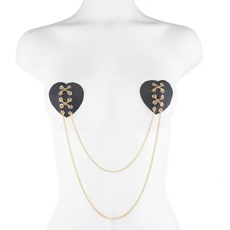 Reusable Punk Chain Tassel Perforation Breast Wear Nipple Pasties Bra Pads Sexy Women PU Leather Nipple Cover Protector