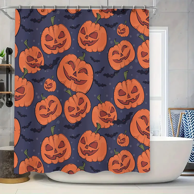 Halloween-themed pumpkin shower curtain featuring spooky designs perfect for your haunted house bathroom decor! Add a touch of s