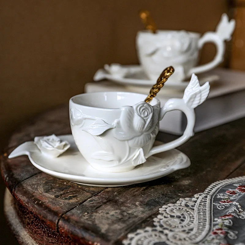 

French Retro Relief Rose Ceramic Coffee Cup and Saucer Set, Afternoon Tea Cup, Modern Simplicity Light Luxury Flower Cups