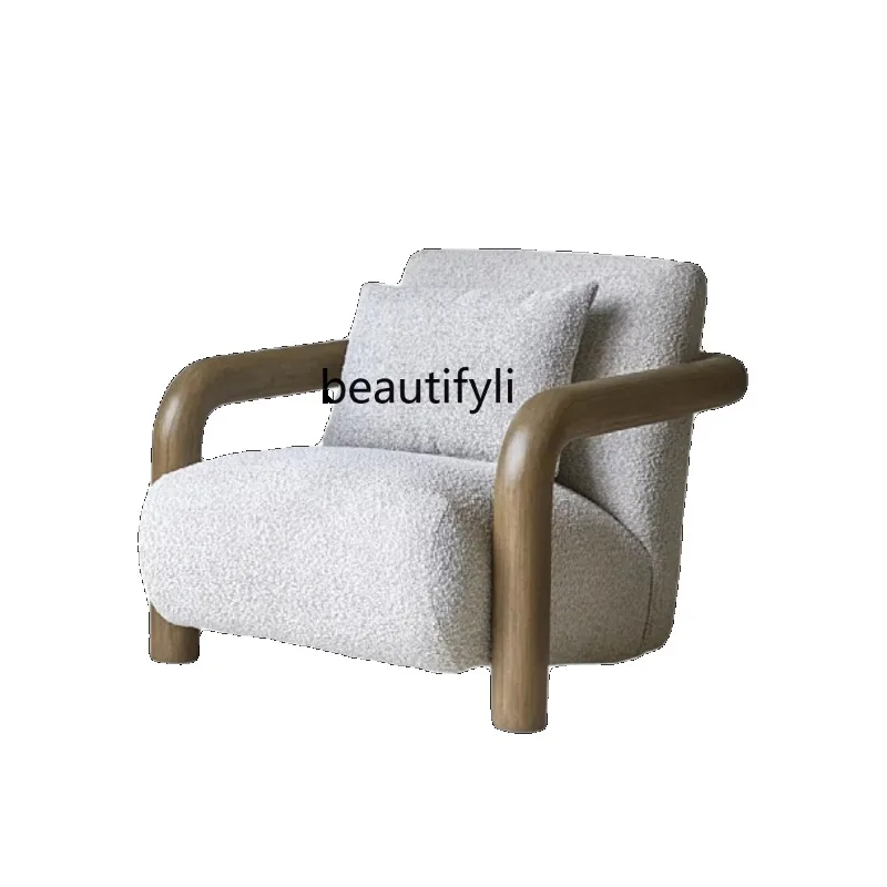

Nordic simple design solid wood back sofa chair B & B club fabric casual lamb wool single chair