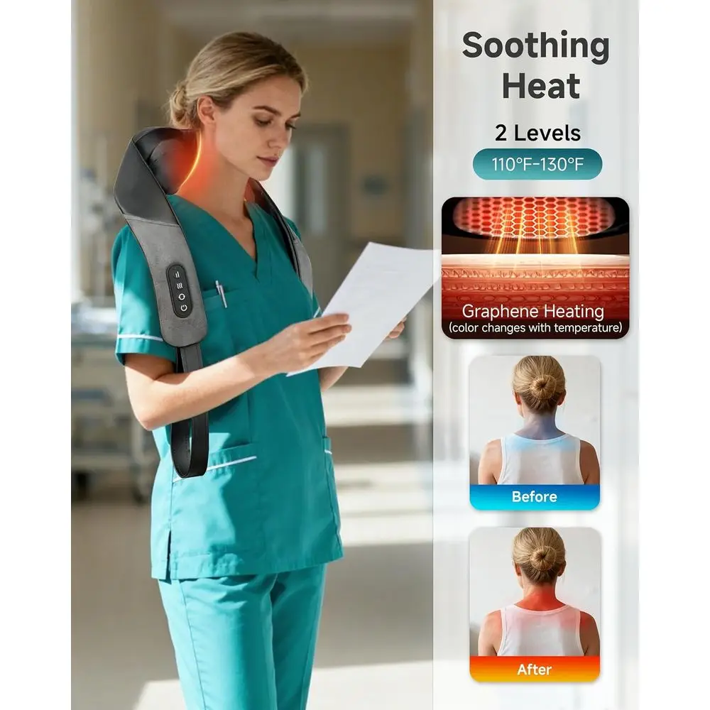 جهاز تدليك شياتسو لاسلكي للرقبة والأكتاف مع تخفيف الأنسجة العميقة والحرارة وبكرات 4D - هدية مثالية للآباء