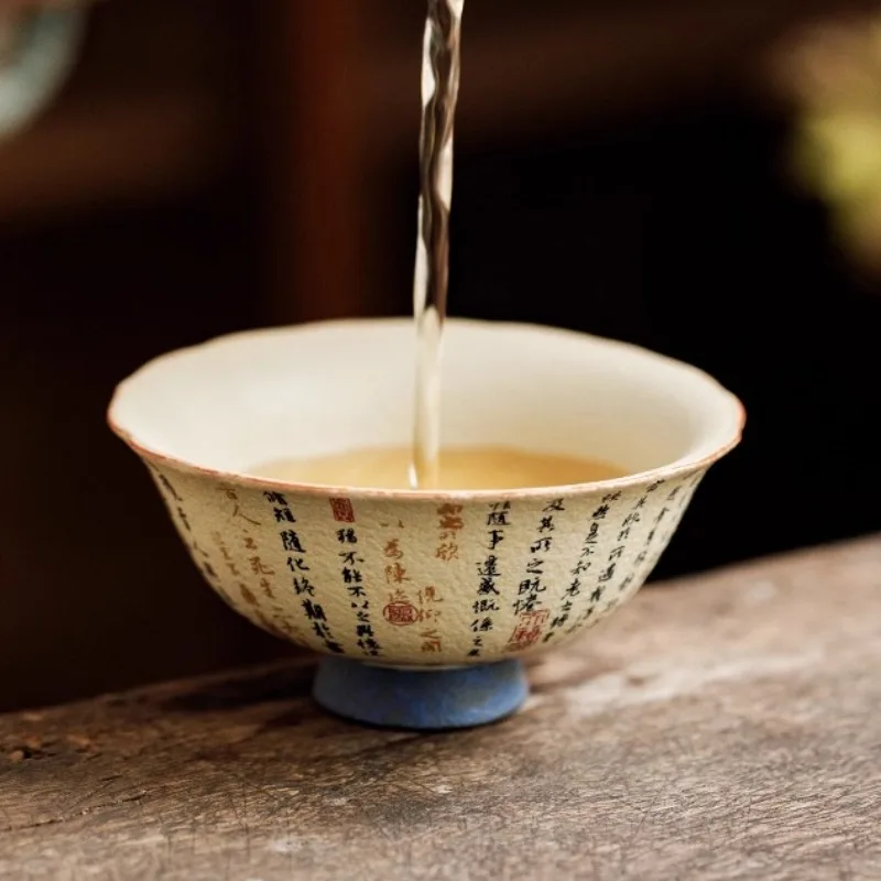 

Blue and white flint red ceramic teacup master cup household Chinese orchid pavilion preface tea tasting kung fu tea set