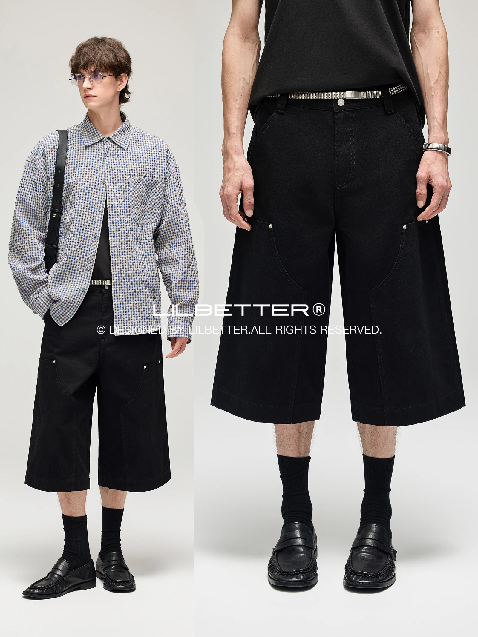 Lilbetter Washed Cotton Sails 7/8 Length Pants Metal Studs Double Knee Workwear Wide Leg Shorts Youth Casual Spring Summer