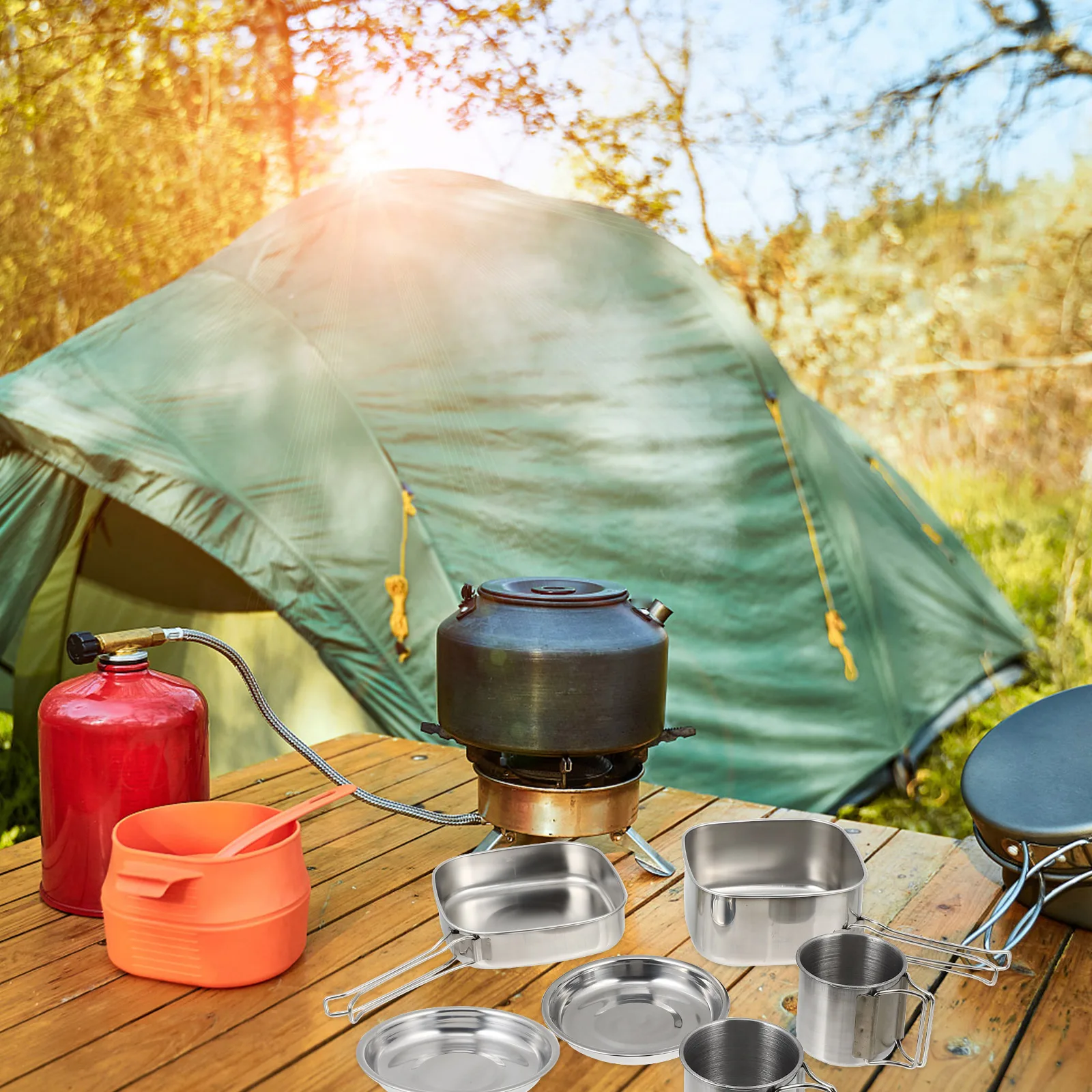 

1 set Folding Outdoor Camping Cookware Set Durable Stainless Steel Picnic Cooking Utensils Easy Clean Storage for Hiking BBQ