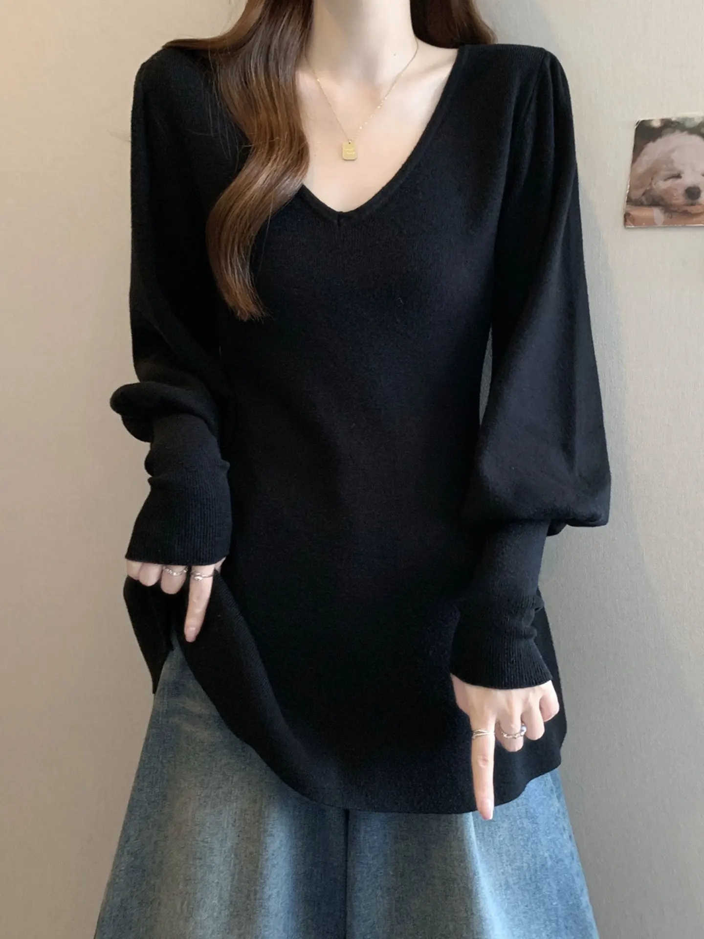 

Ele Bla V-Ne Long Sve Knitted Sweater Women's Base Layer Top plus Size Versatile Casual Sle Soft Fabric Autumn W...