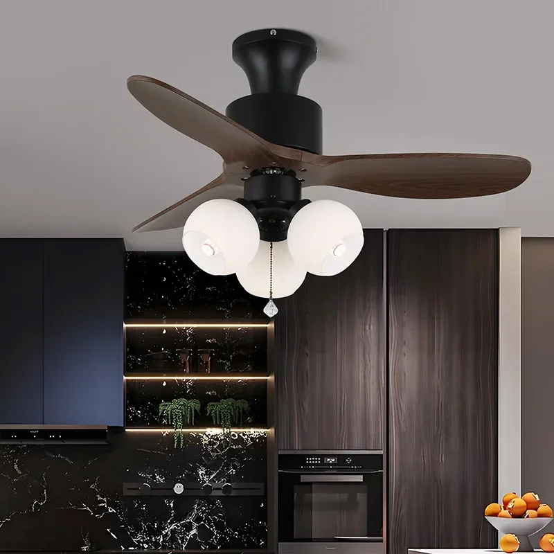 

Minimalist Walnut grain Fan Light LED chandelier White light bulb Ceiling lustre Remote Dimmable Living room bedroom decoration