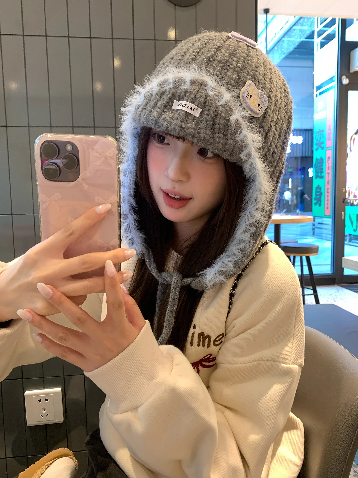 

Милые наушники с мультяшным котенком, вязаная шапка для женщин осенью и зимой, чтобы показать маленькое лицо, серая заколка