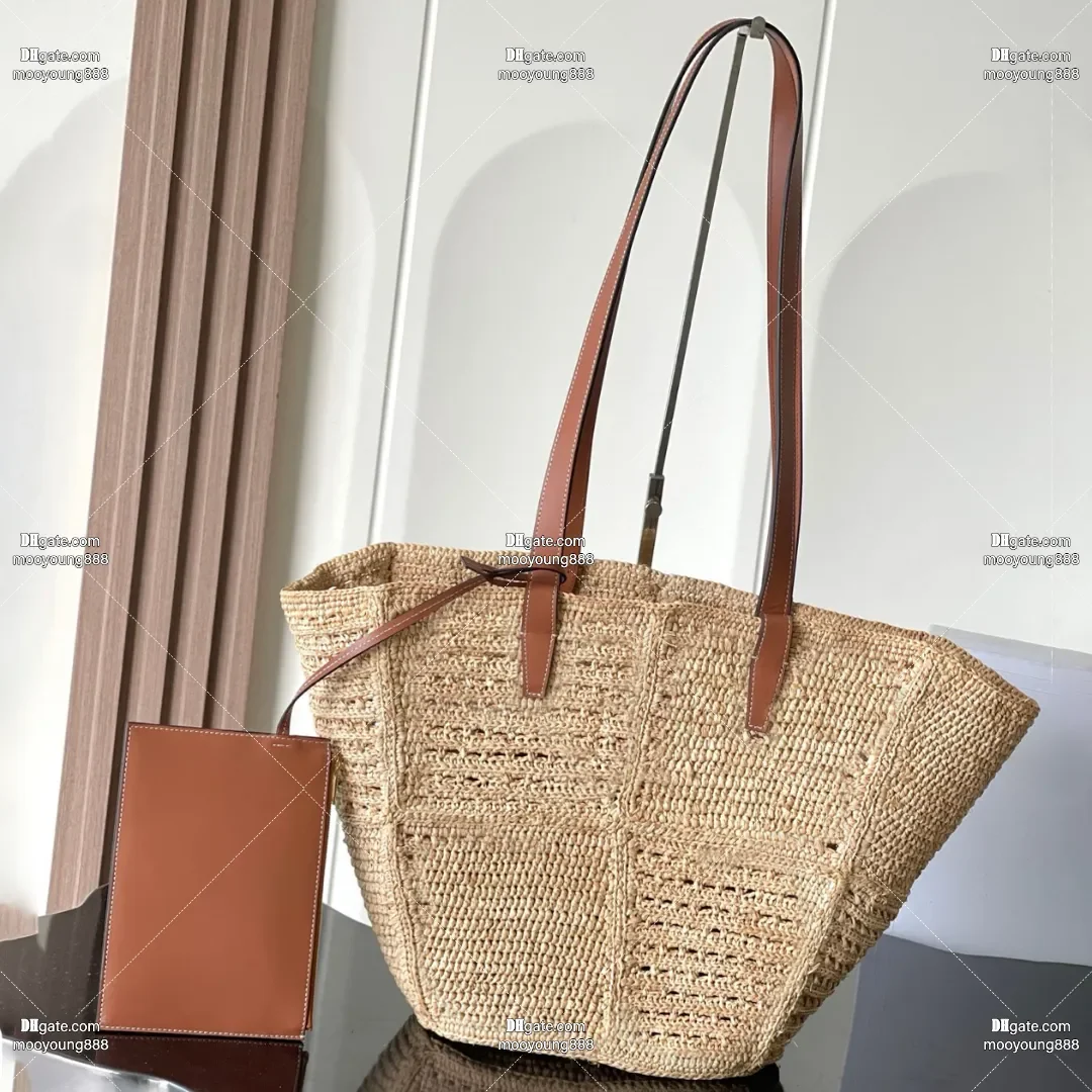 

wholesale price 12A upgrade mirror quality straw tote bag 31cm plant-woven beach bag for women luxury handbag brown