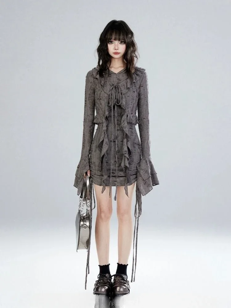 Y2k Aesthetics Sweet Ruffle Shirt Spring Grunge Solid Hole Bandage Blouses Fairy Harajuku Flare Sleeve Blusas Cropped Clothes