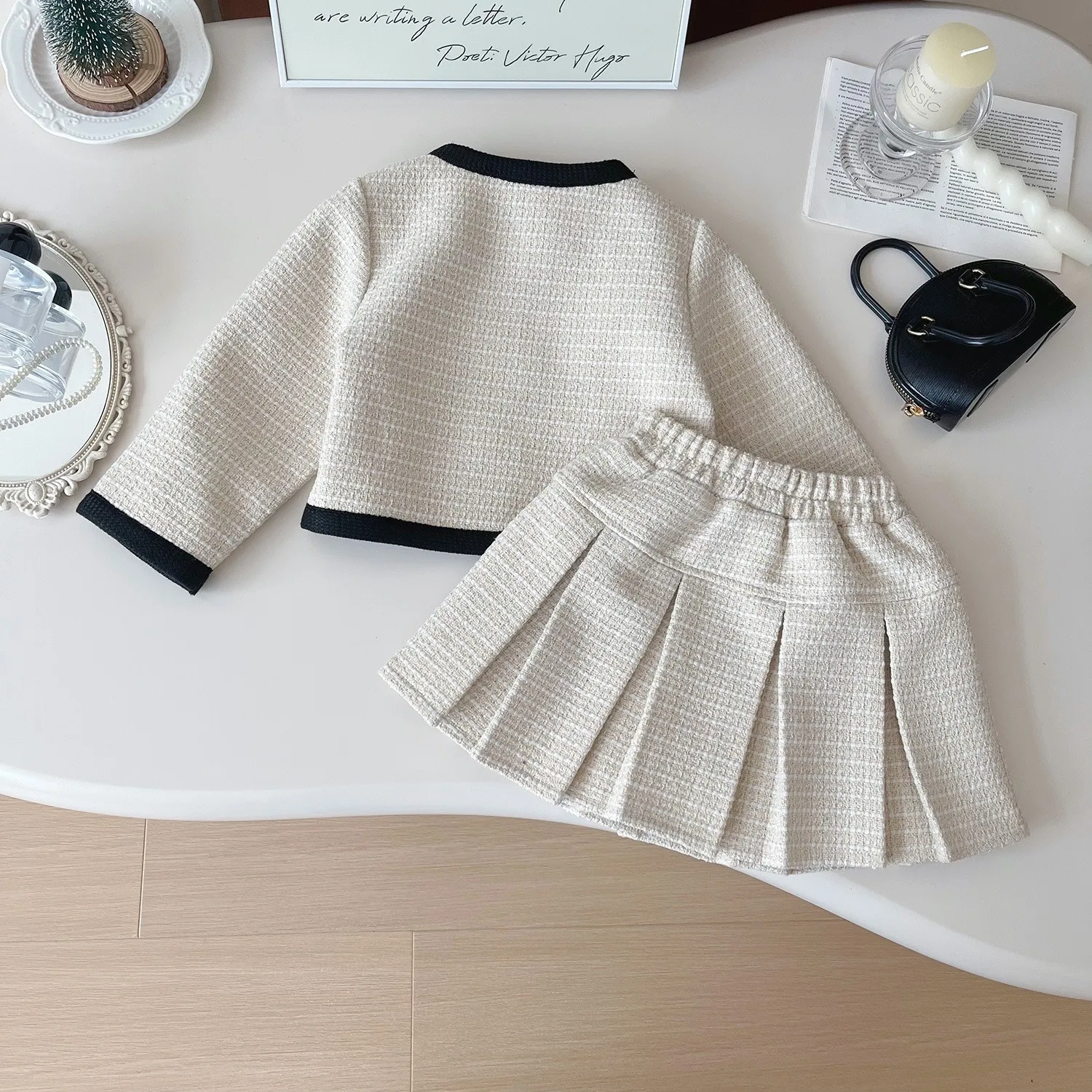 2024 Autumn New Korean Girls Small Fragrant Style Cardigan Skirt Set Baby Temperament Coat Short Skirt Two Piece Set