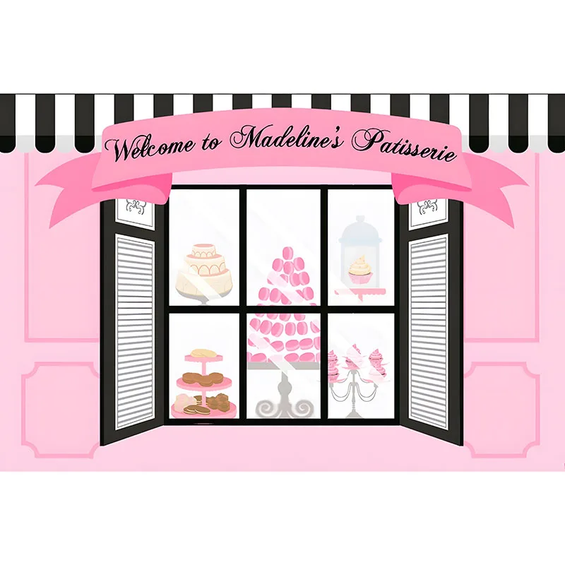 Pastry Shop Backdrop French Paris Cafe Bakery Patisserie Candy for Girls 1st First Birthday Party Decor Banner Pink Background