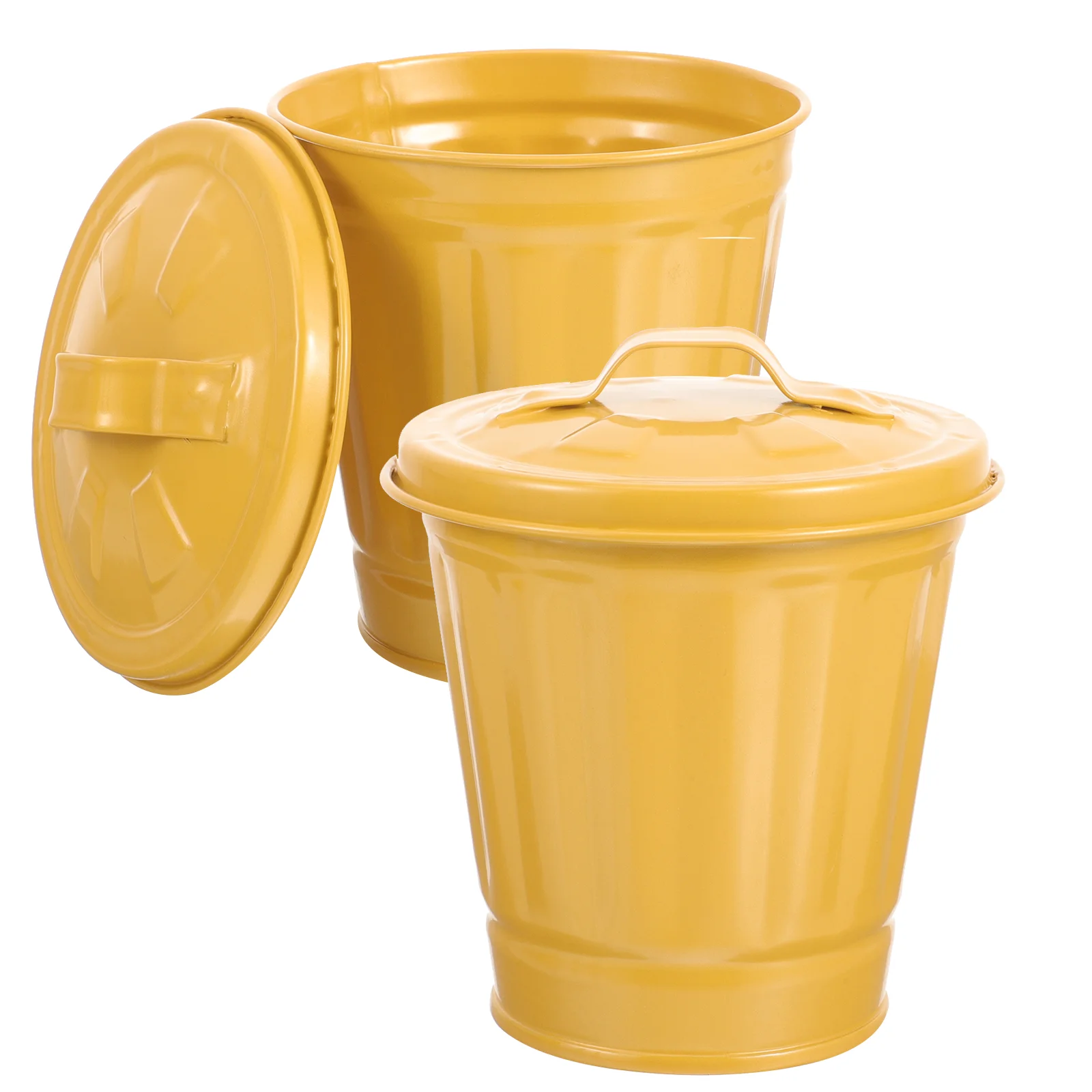

2 Pcs Office Trash Can Tin Bucket with Lid Galvanized Desktop Waste Convenient Container Utility Yellow Wastebasket