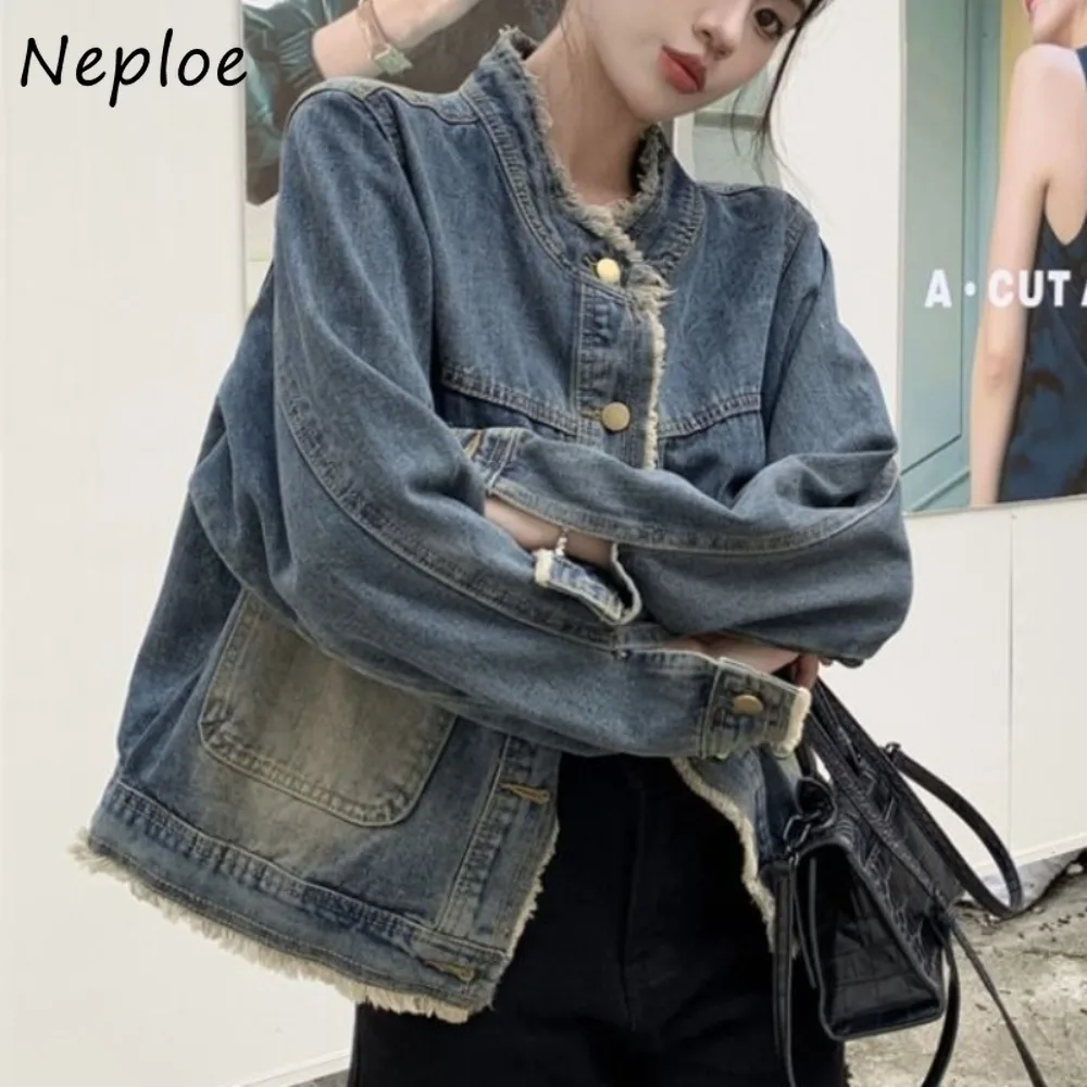

Neploe Trendy Personalized Streetwear New Coat Flash Vintage Wash Denim Loose Jacket All-match Slim Casual High Street Outwears