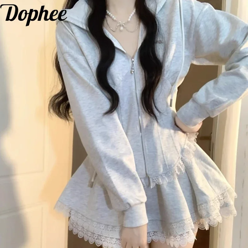 

Серые толстовки с капюшоном Dophee для школьников, весенне-осенние кардиганы с длинными рукавами и капюшоном на молнии, пальто + элегантный костюм с кружевной юбкой с высокой талией