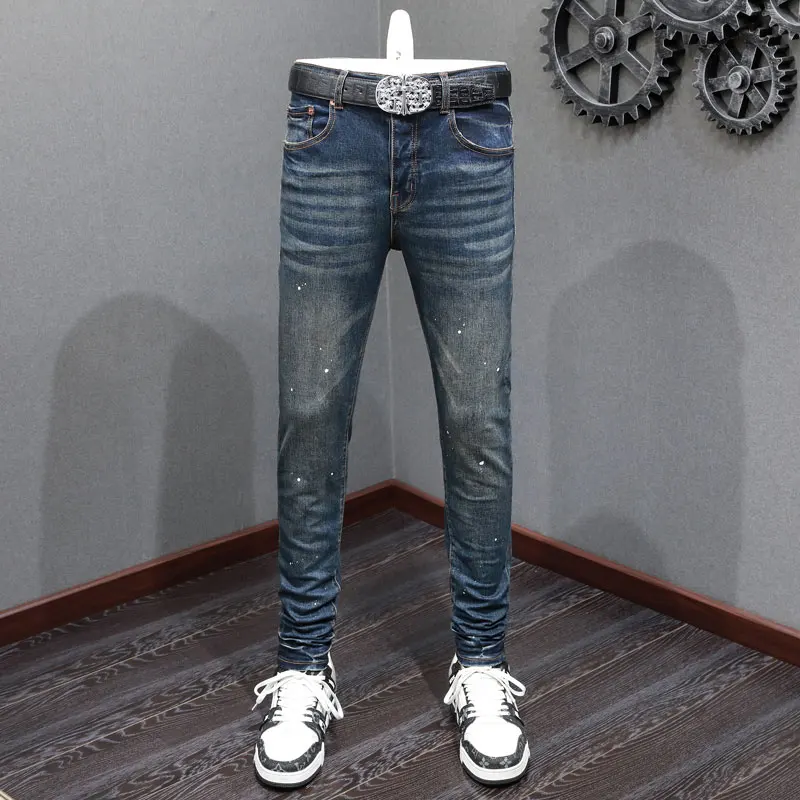 

Fashionable new men's jeans, washed, nostalgic, elastic, slim fit, pleated, painted blue jeans, high street designer, hip-hop br