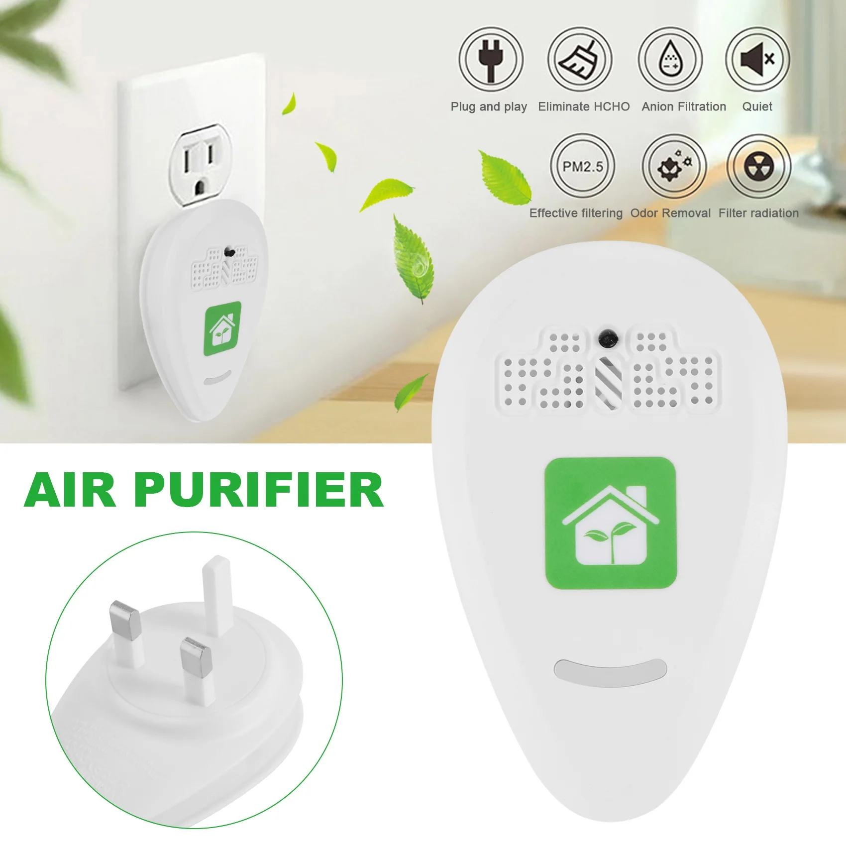 Plug in Air Purifier Mini Portable 5-12 Million Negative Ion Air Purifier for Bedroom Kitchen Bathroom Office UK Plug