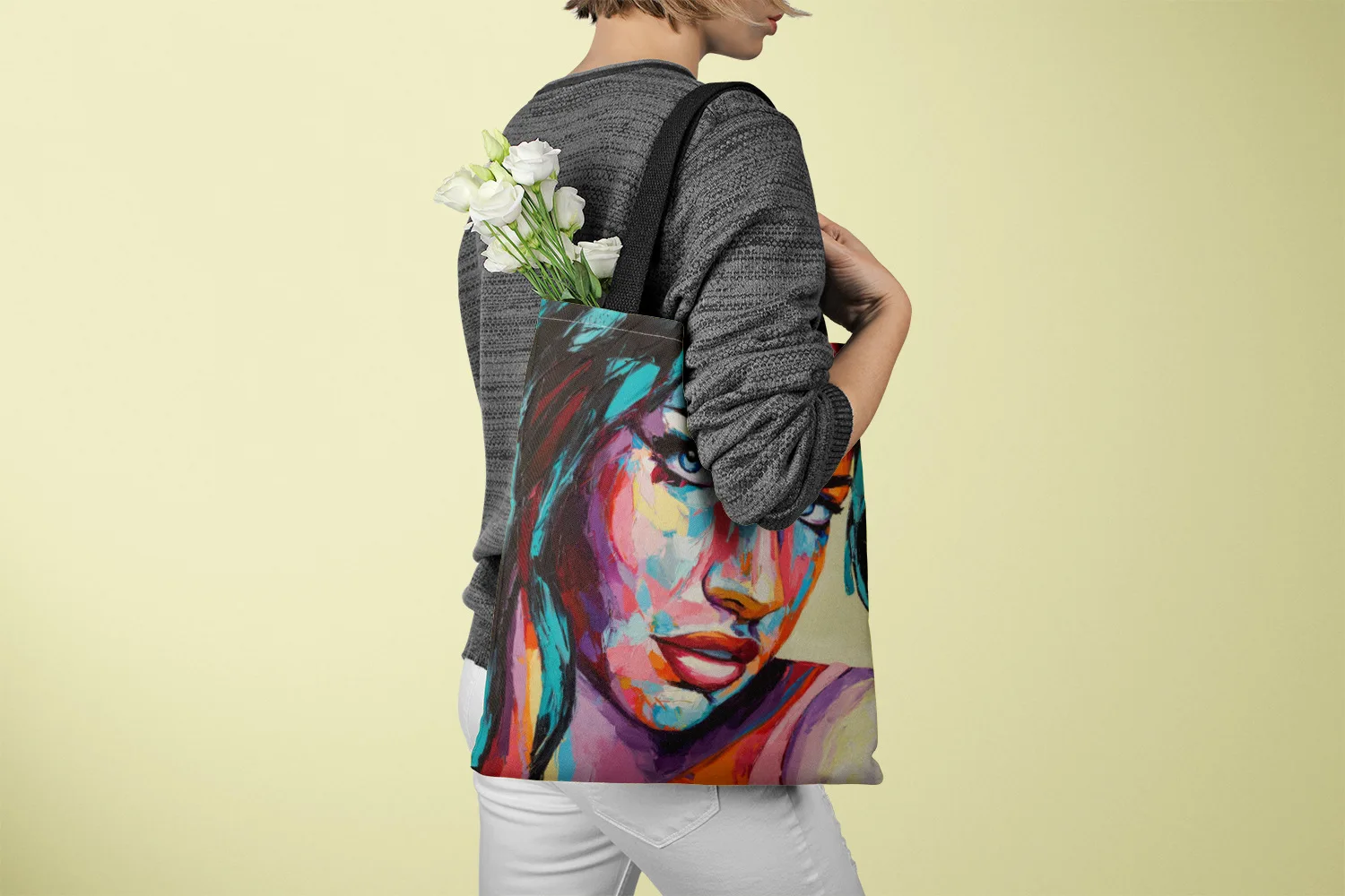 Borsa per la spesa a tracolla grande in tela di moda borsa Gocery Eco pittura a olio faccia da donna tracolla nera Street Style Tote