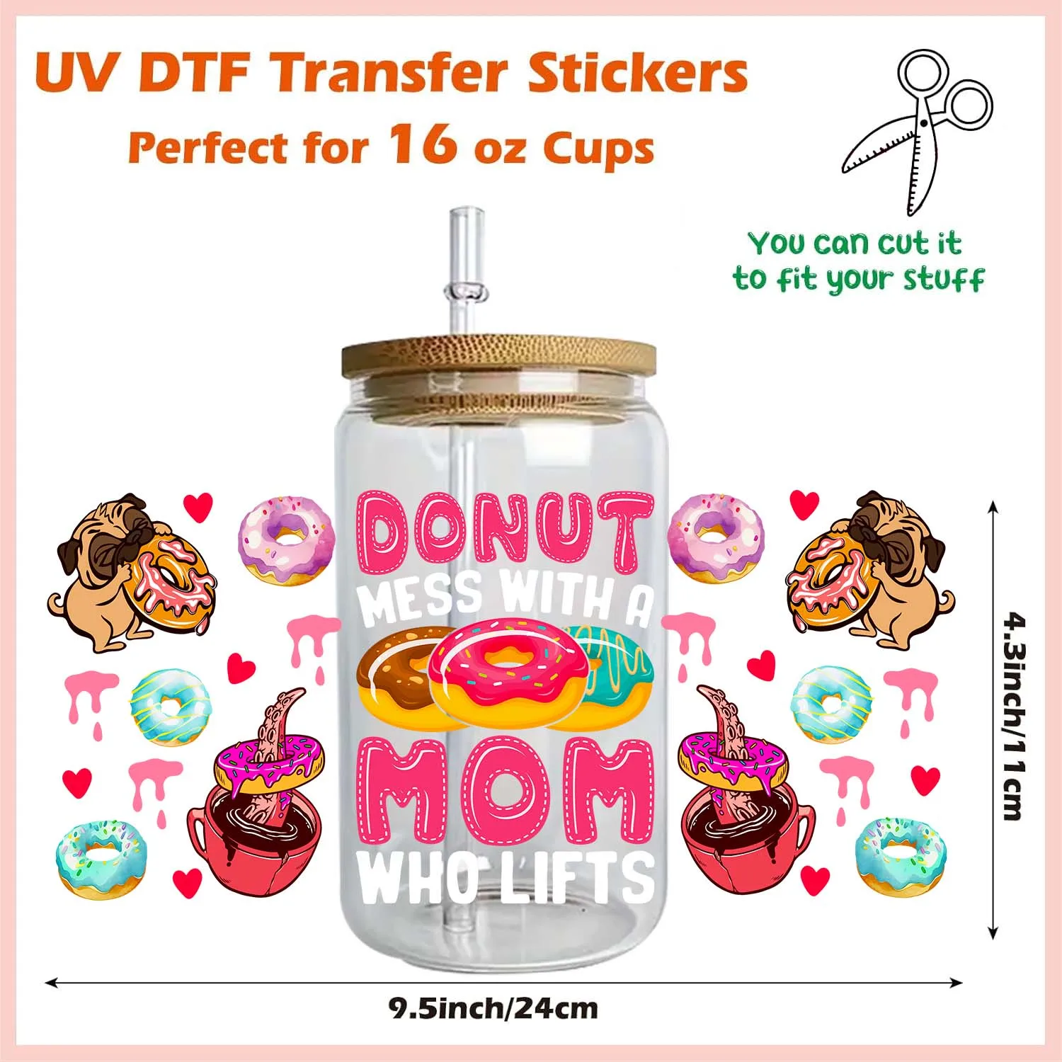 Funny I Love Donuts 16oz Rub On UV DTF Transfer Sticker Waterproof DIY Decals 3D Transfers UVDTF Sticker 16oz UV DTF Cup Wraps