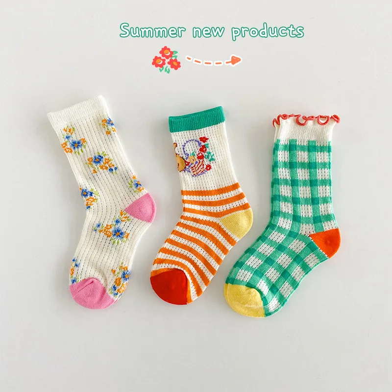 Children Socks Kids Boys Girls Spring Mesh Striped Socks Baby Cozy Calf Sock 3 Pairs/bag