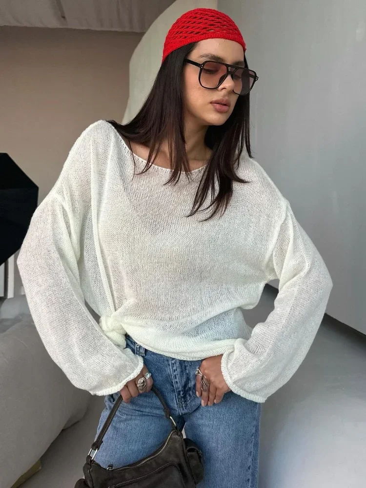

Casual Solid Knitted Hollow-out Pullover Women Chic See Through Full Sleeve Loose Sweater 2026 Spring Lady Daily Street Knitwear
