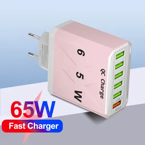 6USB Colorful Fast Charging Charger 65W Mobile Phone High Speed Charging Adapter For iPhone Xiaomi Huawei Samsung Travel Adapter