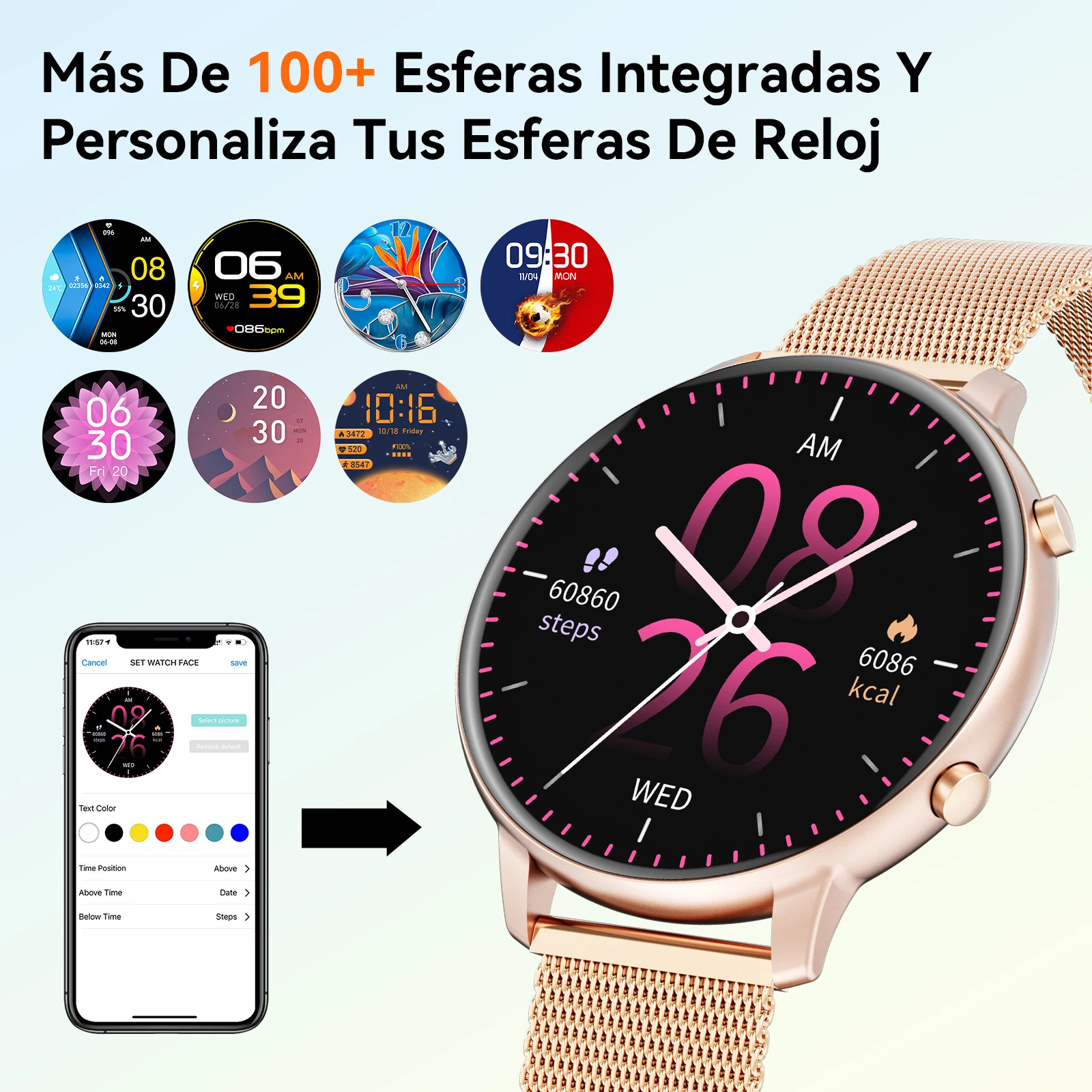 Reloj Inteligente Mujer Oro Rosa Lujo Pantalla Redonda 1.39" Llamada Bluetooth IP67 Resistente al Agua Monitor Ritmo Cardíaco SpO2 Sueño Reloj Fitness Elegante Regalo para iOS Android