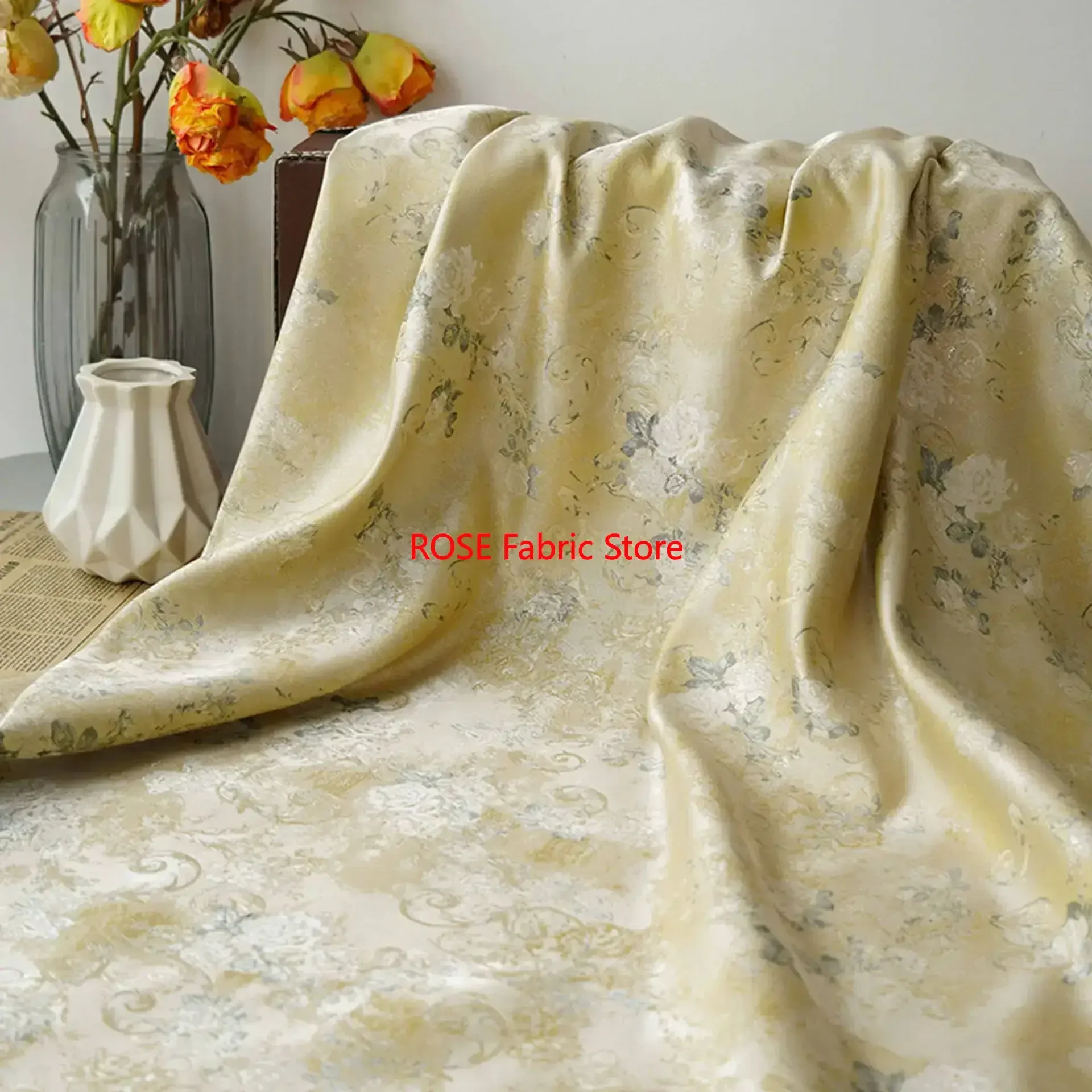 1 meter Light Yellow Bright Silk Rose Jacquard Fabric Soft Dress Vest Curtains Decorative Sewing Fabric