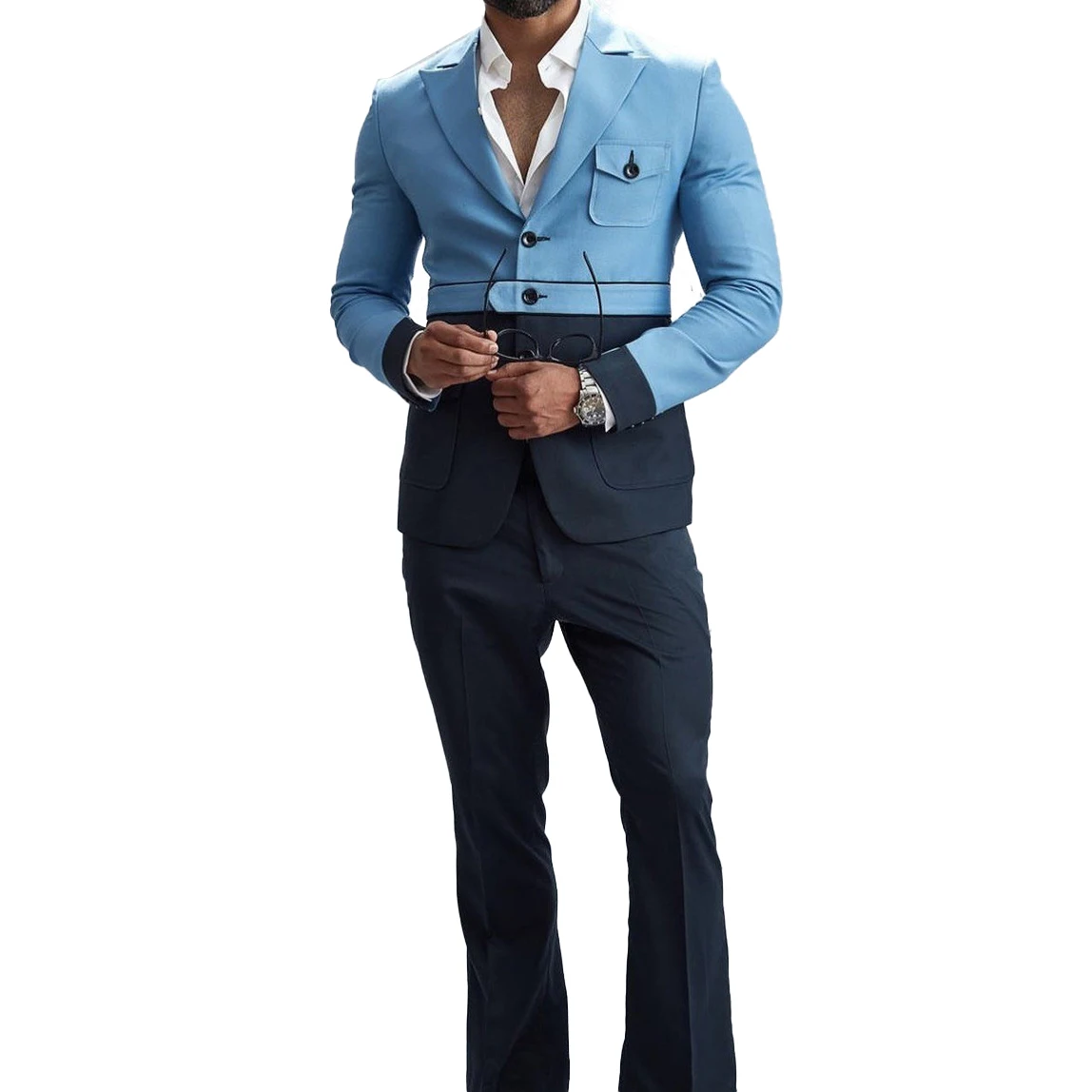 Smoking de cor contrastante masculino, lapela, slim fit para o noivo, negócios, escritório, casamento, 2 peças de jaqueta e calça, moda