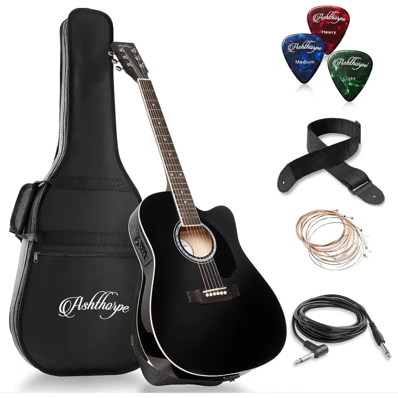 Ashthorpe Paquete de guitarra acústica-eléctrica Thinline recortada de tamaño completo - Premium Tonewoods - Negro