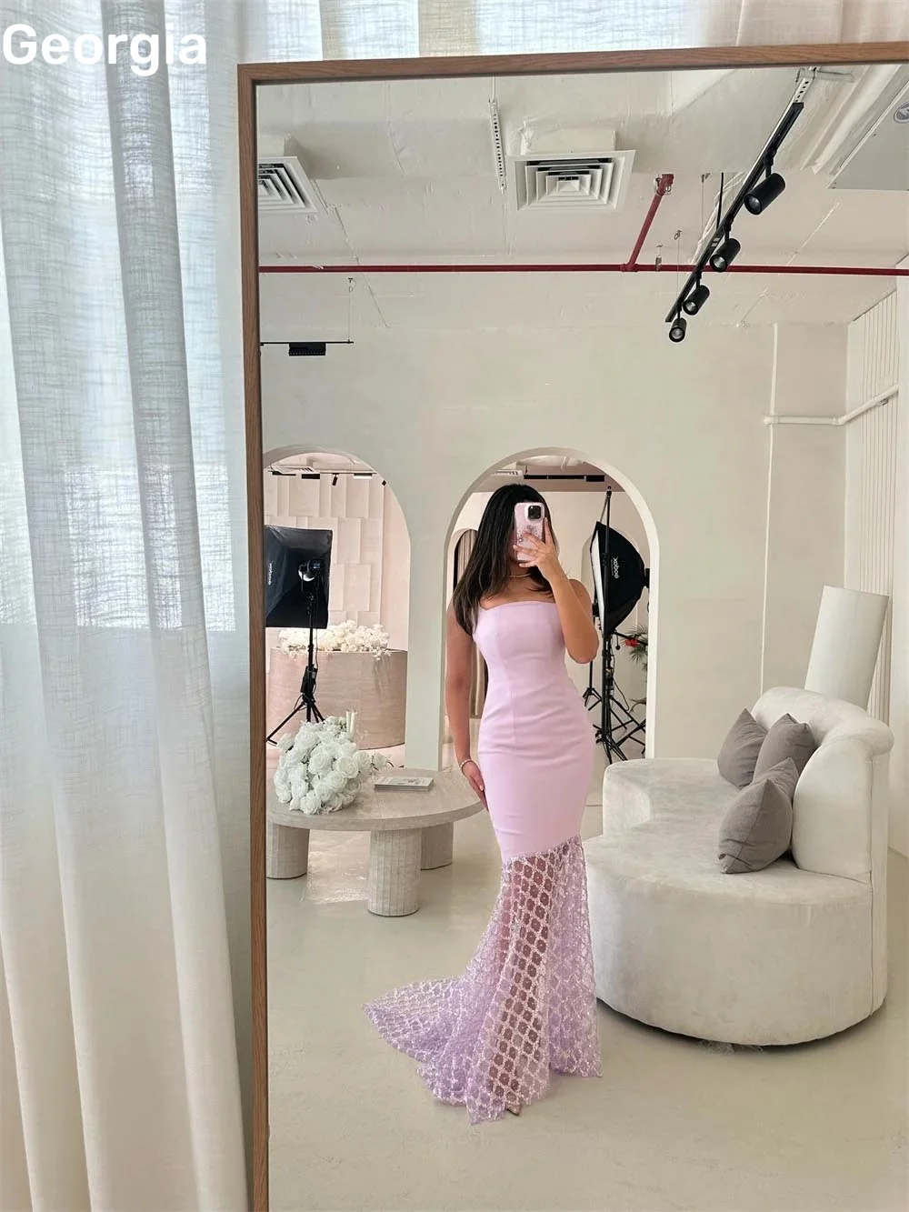 فساتين سهرة Strapless A-Line Pink Elegant Party Dresses For Women Floor-Length Lace Formal Occasion Dresses Zipper Up Sleeveless