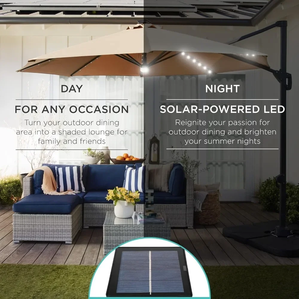 Solar LED Cantilever Pátio guarda-chuva, 360 graus de rotação pendurado, offset mercado exterior Sun sombra para quintal deck e piscina