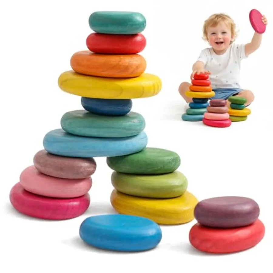 

Extra-Large Stacking Rocks for Toddlers 1-3, 16 PCS Wooden Montori Toys, Safe Smooth Jumbo Balancing Stones for Open-Ended Sens