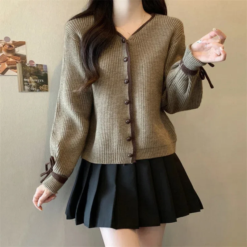 Vintag Chinese Style Autumn/Winter New Sweaters Women\'s V-Neck Single Breasted Bandage Chic Long Sleeve Cardigan Knitted Tops