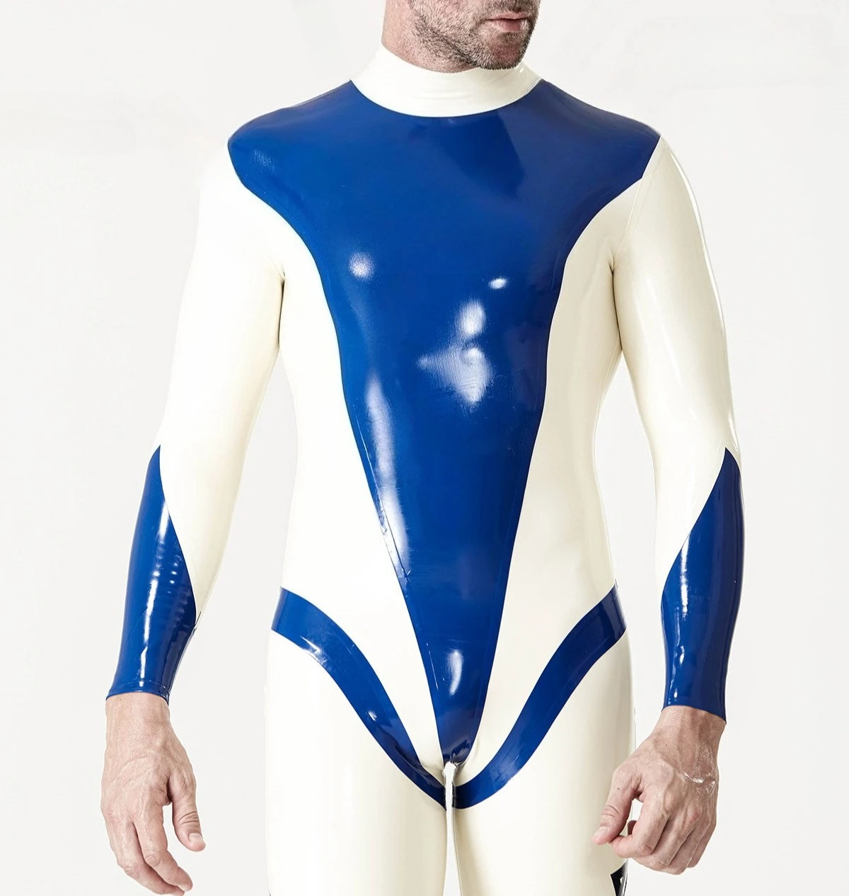 

customized rubber catsuit men's latex full body suit blue white design skin tight latex bodysuit fashion latex clubwear