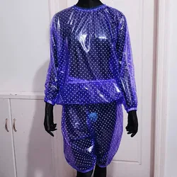 Couple PVC Transparent Plastic Tops Pants Set Lace Round Neck Pullover Soft Loose T-shirt ABDL Waterproof Diaper Shorts Trousers