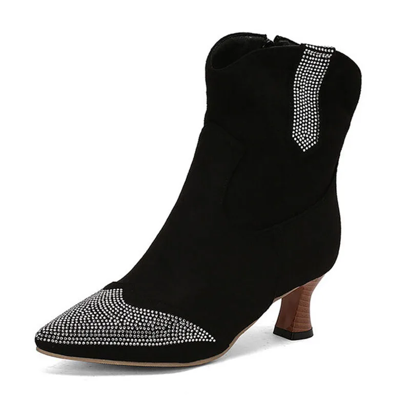 Otoño Invierno puntiagudos botines De Mujer Vintage fino 5,5 cm tacones Zapatos Mujer Flock Botas cortas Zapatos De Mujer WSH5174