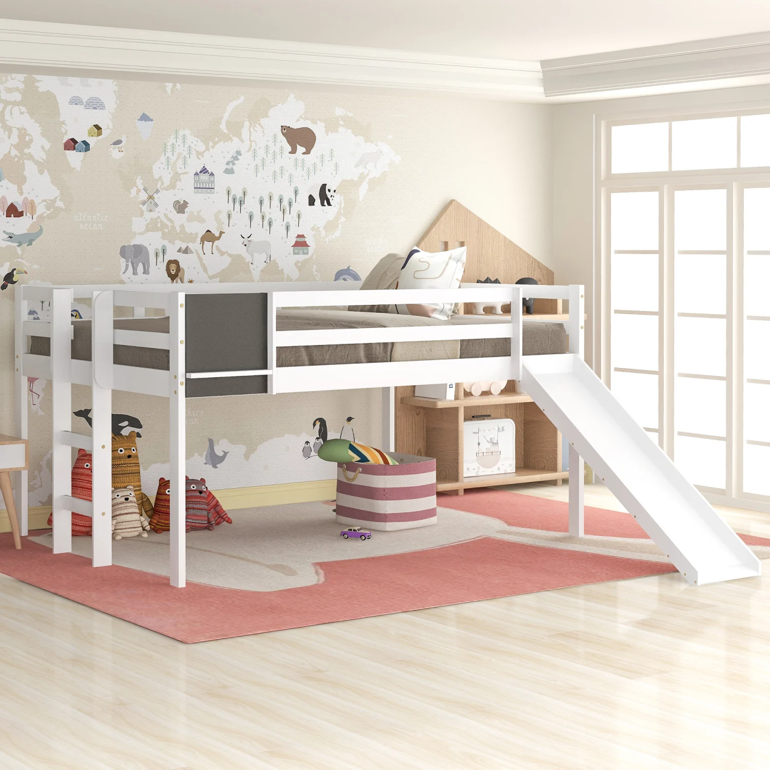 

Full size Loft Bed Wood Bed with Slide, Stair and Chalkboard,White（Old SKU WF282116AAK）