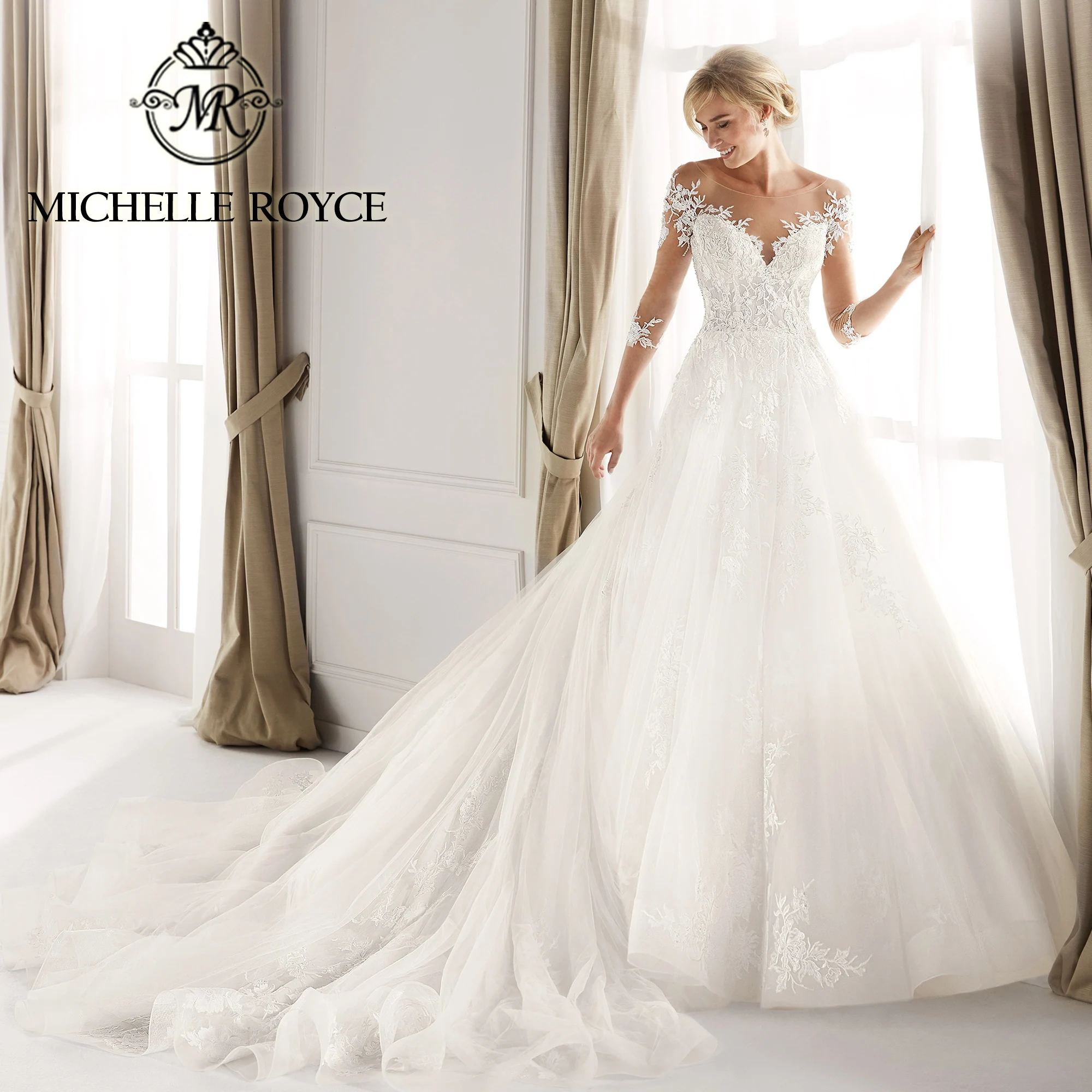 Michelle Royce Ball Gown Wedding Dress Sexy Sweetheart Backless Half Sleeve Button Court Train Wedding Gown Vestidos De Novia