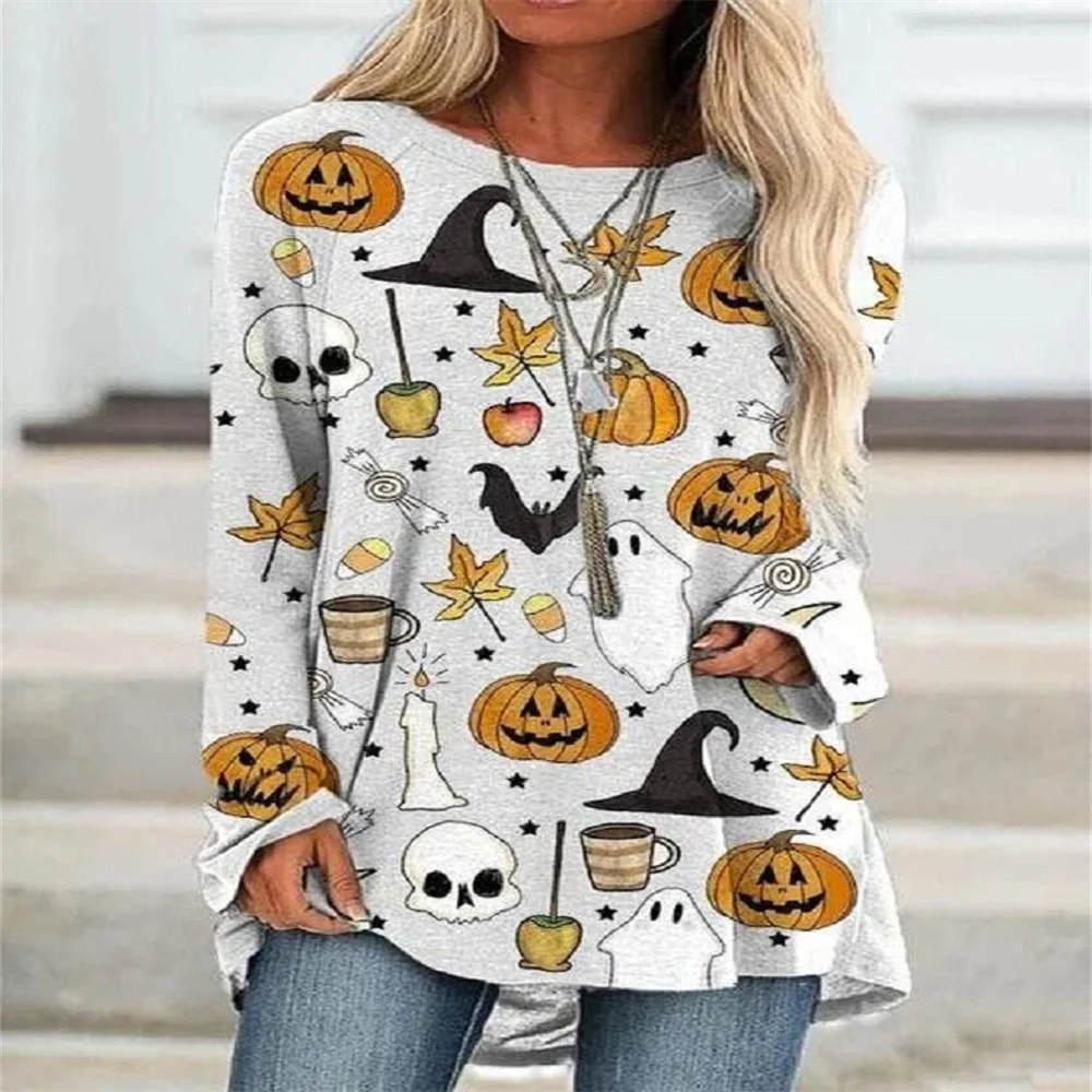 Women's Spring And Autumn Fashion Print Daily Casual Long-Sleeved T-Shirt Round Neck Women's Pullover T-Shirt Plus Size 3XL