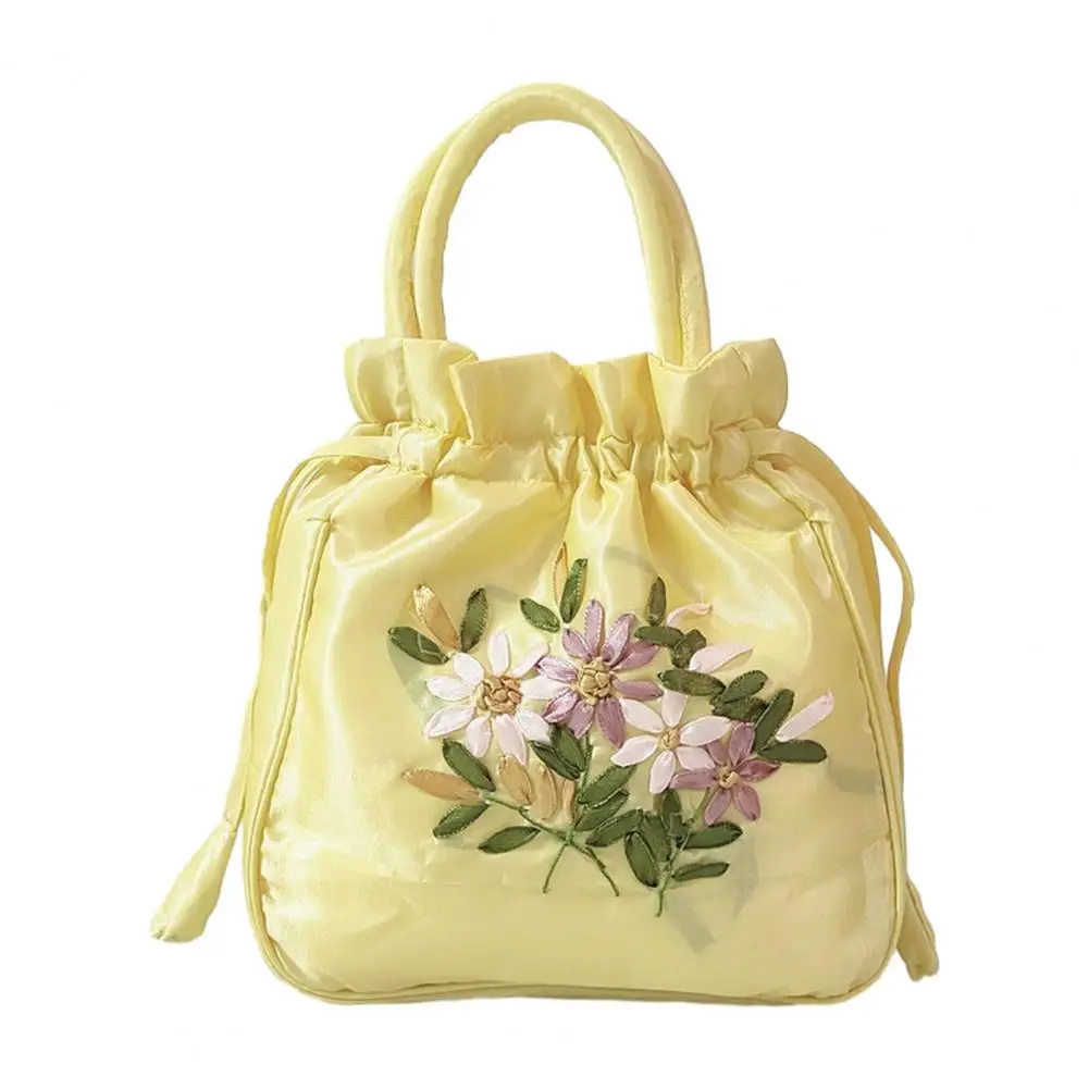 Drawstring Handbag Vintage Flower Pattern Ethnic Faux Silk Purpose Bag Large Capacity Handle Women Bucket Bag Makeup Pouch