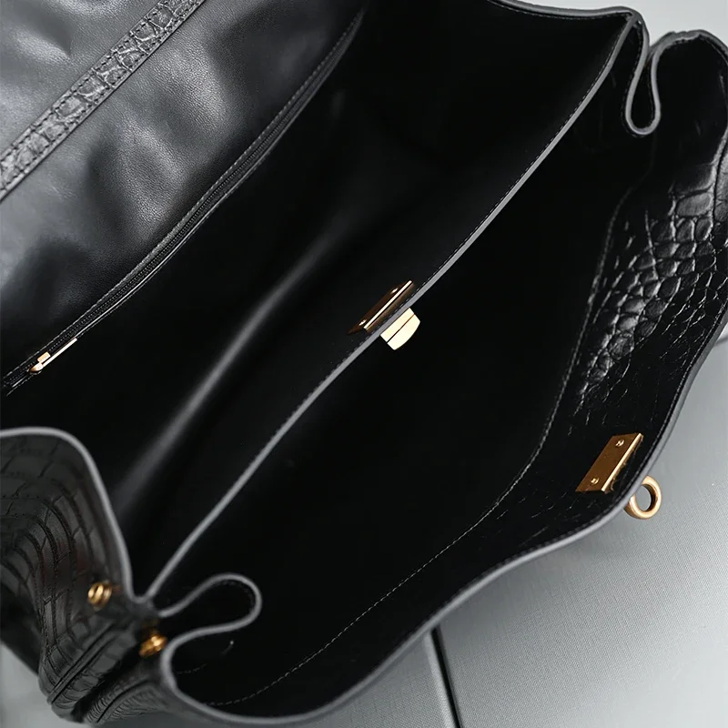 Genuine Leather Handbag 35cm with Crocodile Pattern Women\'s Bag with a Loose Feel High-End Feeling Lazy Crossbody Large