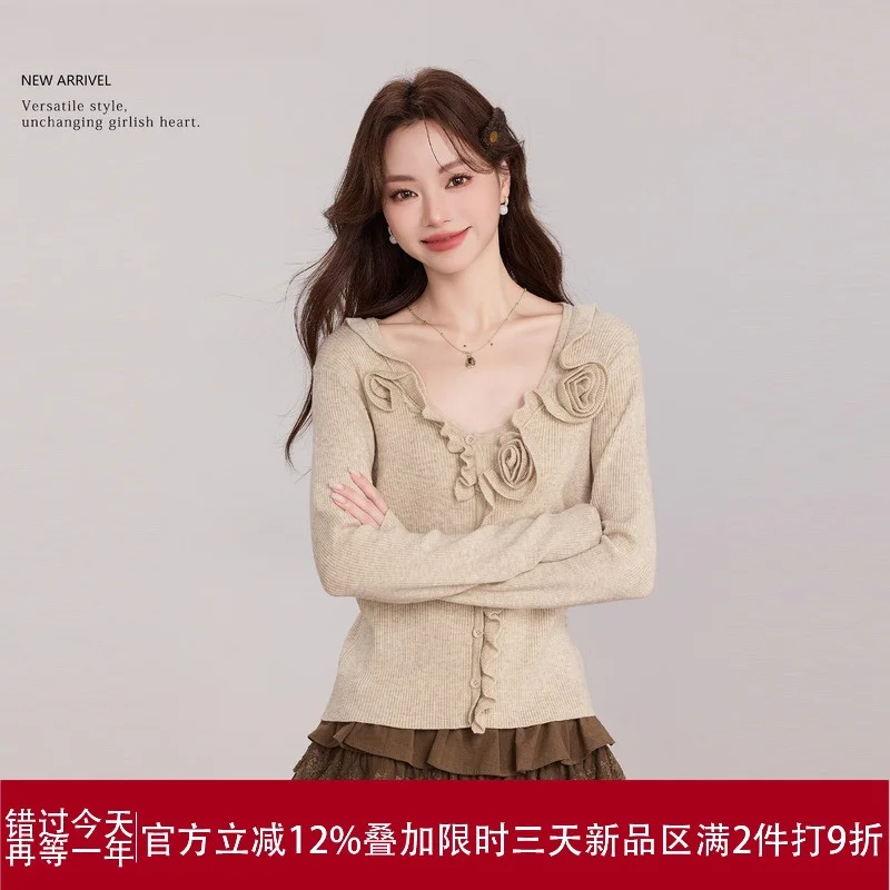 

Lingjiu Moonlight Camellia Rose Flower Knot Knitted Sweater Women's Spring New Design Top Commute Sle Slim Fit
