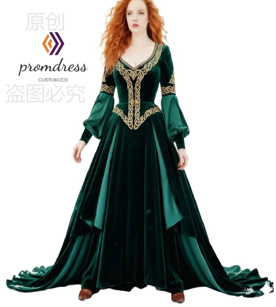 Emerald Green Tudor Evening Dress 2026 Vintage Gold Lace Velvet Renaissance Medieval Prom Dress Elegant Gypsy Formal Colonial
