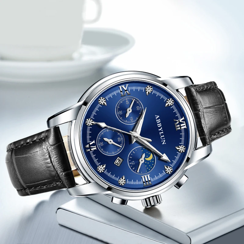 ساعة كوارتز للرجال من Abbylun بقرص أرقام روماني ، ساعة يد للأعمال ، مرحلة القمر ، التاريخ ، جلد مقاوم للماء ،