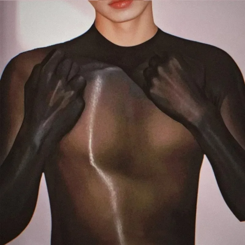 مثير الرجال شير قفازات طويلة الأكمام لامعة مرونة بذلة سوداء اللياقة البدنية Bodycon PlusSize Playsuit سليم ارتداءها الجوارب