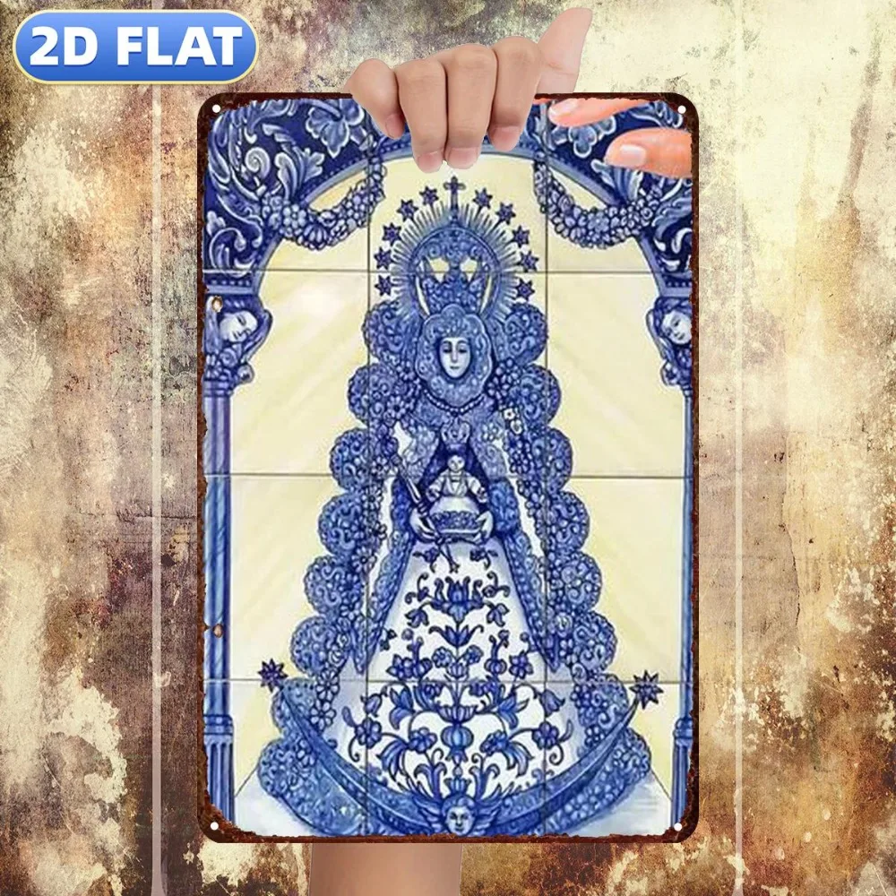 CIFBUY Blue White Porcelain Religious Figure Aluminum Wall Art Waterproof Rustproof Metal Decor for Bar Garage Door Man Cave