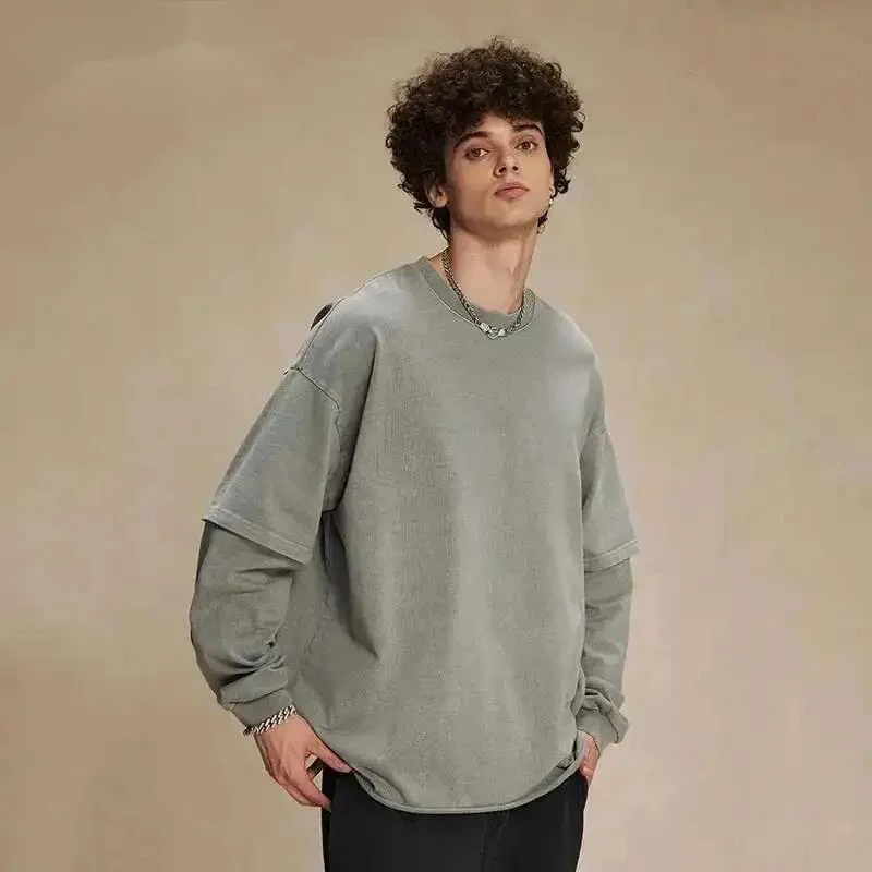 Spring Trendy Men's Top Fake Two Piece Curled Edge Round Neck Long Sleeve T-shirt Men Tie Dyeing Washed Streetwear 9M0VJ